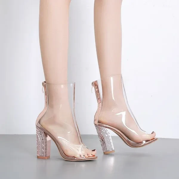 Women's Open Toe Transparent Thick Heel High Heels Short Boots
