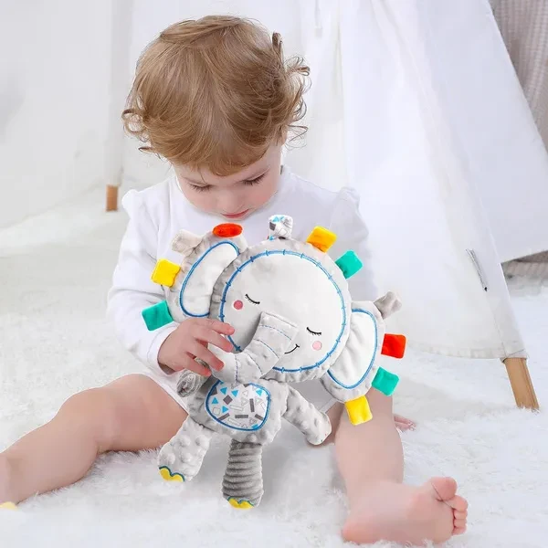 Baby Tags Toy, Sensory Toy Elephant with BB Squeak and Rattle for Babies, Taggie Security Blanket Elephant Stuffed Toy, Elephant Rattles for Babies Boys and Girls Christmas, Easter, Birthday Toys