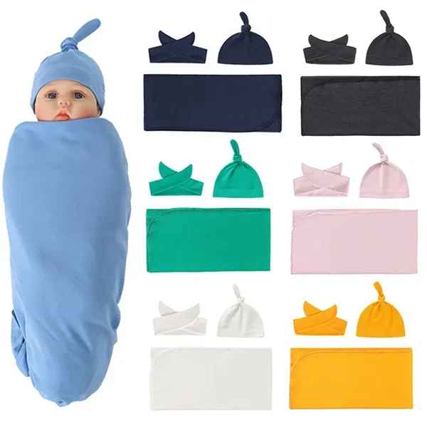 3 Pcs Newborn Swaddling Wrap + Headband + Hat Set Baby Cotton Receiving Blanket Sleepsack Hair Band Cap Kit for Infants Boys Girls Shower Gifts PHO