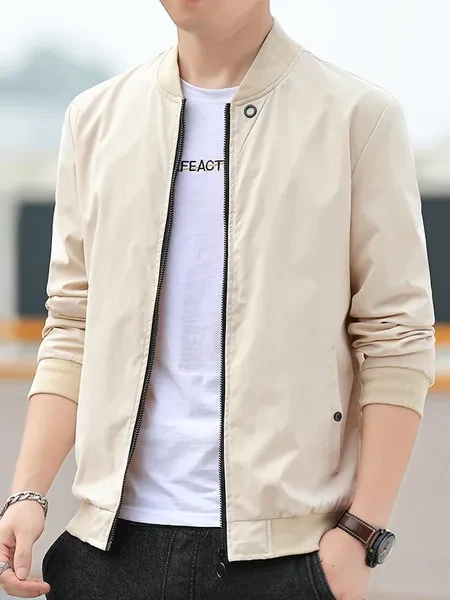 Men's Solid Band Collar Zip-up Jacket For Spring Fall