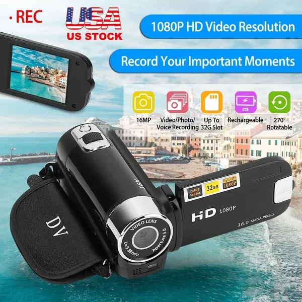 HD 1080P Digital Video Camcorder 2.7in 16X Zoom DV Camera 270° Rotation Rechargeable Kid Camera wFill Light Selfie