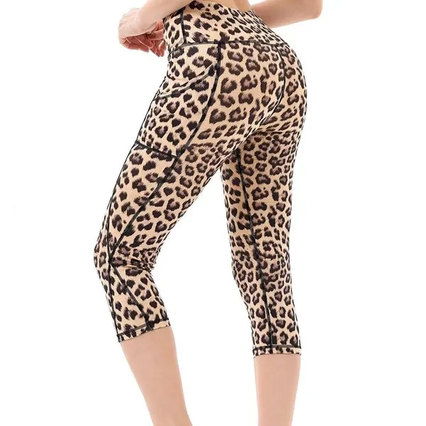 High Waist Tummy Control Women's Printed Capri Leggings - Workout Yoga Pants with Pockets - Athletic Sportswear