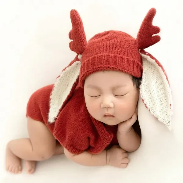 Baby Big Ear Antler Hat Romper Outfit Baby Photo Clothes Photography Props for Infant Photo Costume Clothing