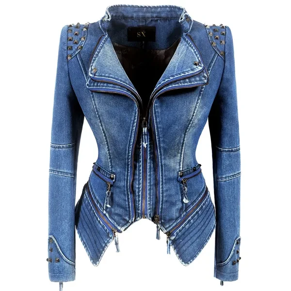Occident Punk Women slim Blue Denim Motor Jacket female Classic Rivet zipper short coat