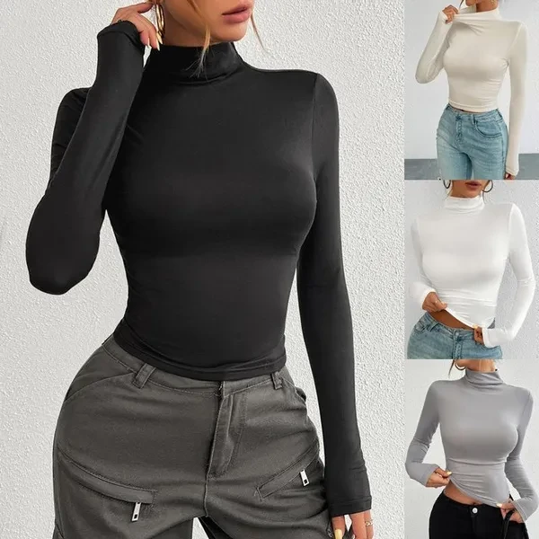 Women's Sexy Solid Slim Fit Round Neck Long Sleeve T-shirt Ladies Casual Base T-shirt Fashion Soft Bottoming Tops