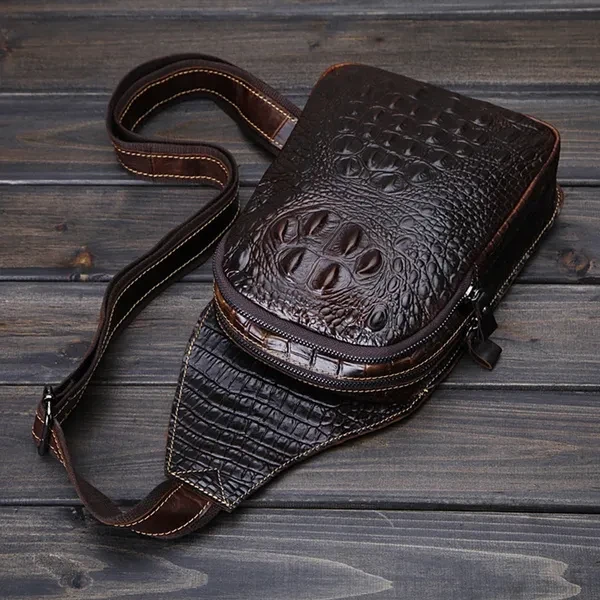 Men Leather Chest Bag Male Single Knapsack Daypack Crocodile Pattern Cowhide Casual Retro Designer Multi-Functional Travel Crossbody Messenger Bags One Shoulder Rucksack Backpack