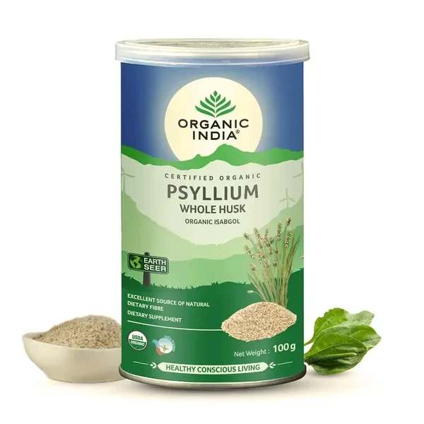 A TATA Product - Organic India Isabgol Whole Psyllium Husk Powder - 100g, With Dietary Fiber, Supports Heart Health & Digestive System, Gluten Free, Non-GMO Project Verified, NPOP & USDA Certified