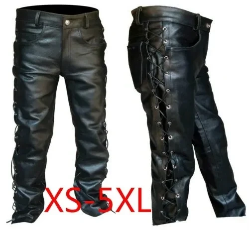 Men's black Thick Leather Side Laces up Jeans Style long Pant Motorcycle Leather Trousers