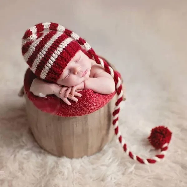 Baby knitting Long Tails Christmas Hat Newborn Photography Props Stripe Crochet Baby Hats Baby Props For Photography TAS