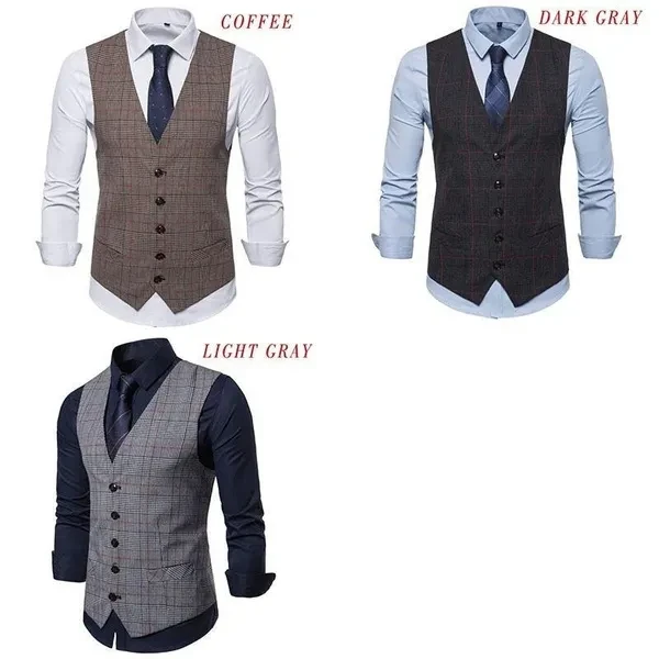 Mens Fashion Single Breasted V-neck Suit Vest Casual Business Waistcoat Solid Color Sleeveless Jacket Male Slim Fit Gilet Vest