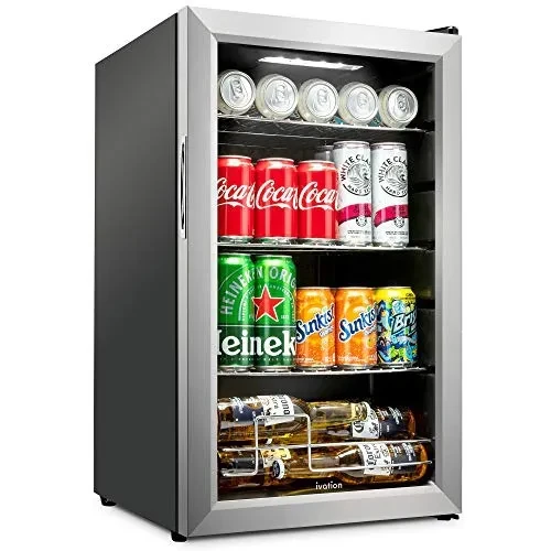 Ivation 101 Can Beverage Refrigerator  Freestanding Ultra Cool Mini Drink Fridge  Beer, Cocktails, Soda, Juice Cooler for Home & Office  Reversible Glass Door & Adjustable Shelving, Stainless Steel