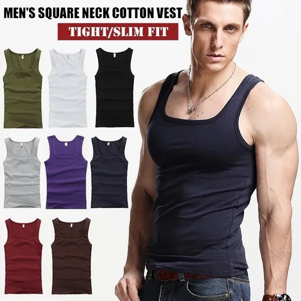 New 8 Colors Cotton Solid Color Vest Summer Men's Sports Breathable Undershirt Sleeveless Fashion Ribbed Bottoming Shirt Fitness Tight Vest