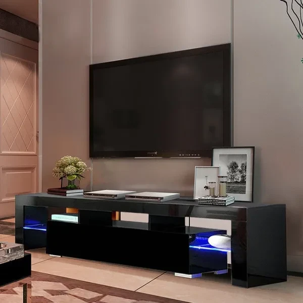 Black White High Gloss Living Room TV Unit Cabinet Stand Entertainment Center with LED Lights Shelves Home Furniture