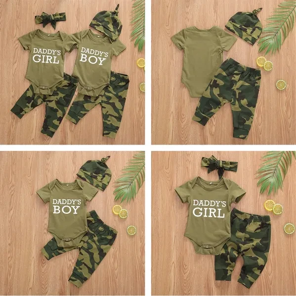 Fashion Daddy's Boy Girl Newborn Toddler Baby Clothes Letter Print Romper Tops + Camo Pants + Hat Outfit Set