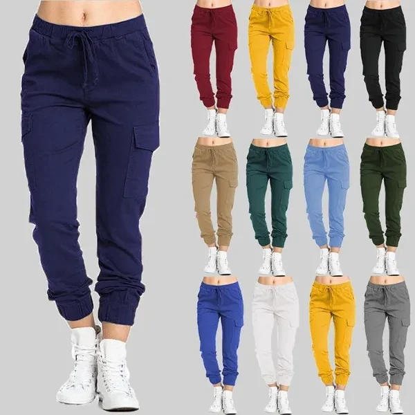 New Solid Jogger Women's Cargo Pants Multi-Pocket Drawstring Elastic Waist Women Sports Pants Streetwear Casual Long Pants