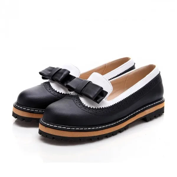 Bowtie Loafers Women Shoes Platform Brogue Shoes Woman Casual Creepers Sweet Patchwork Oxfords Slip On Flats