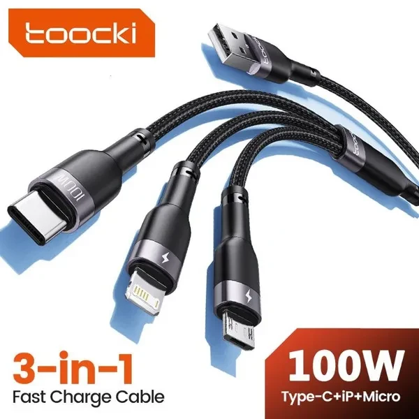 Toocki 3 in 1 USB Charging Cable Micro USB Type C Data Cable for iPhone Samsung Huawei Xiaomi and more Smartphones