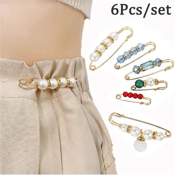 6PCS/Set Waistband Pin Accessories Good Quality Pearls Crystal Gold Brooch Waist Tighting Anti Exposed Safty Pins