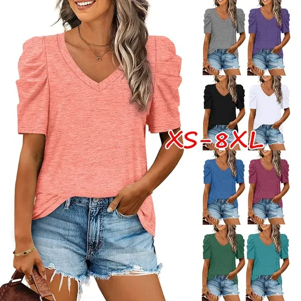 XS-8XL Plus Size Fashion Clothes Women's Casual Summer Tops Puff Short Sleeve Tee Shirts Cotton Pullovers Blouses Ladies Fashion V-neck Solid Color Loose T-shirts Blouse Tops