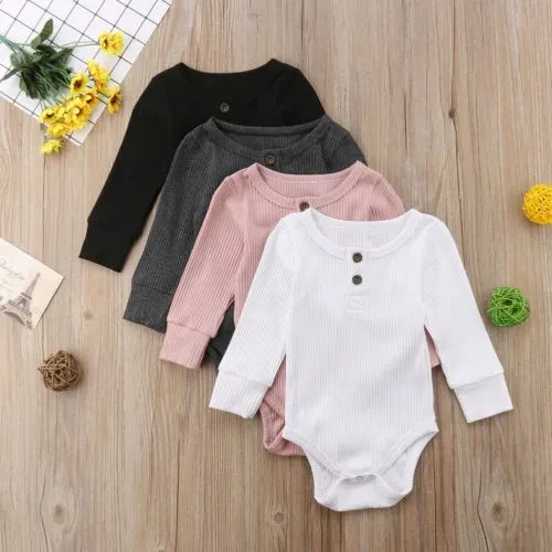 Newborn Unisex Baby Solid Onesies Basic Plain Rib Stitch Long Sleeve Bodysuit Clothes for Infant Boy Girl