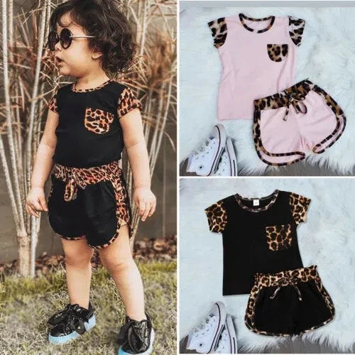Toddler Kids Baby Girl Summer Outfits Short Sleeve T Shirt Top Leopard Shorts Pants Clothes Set